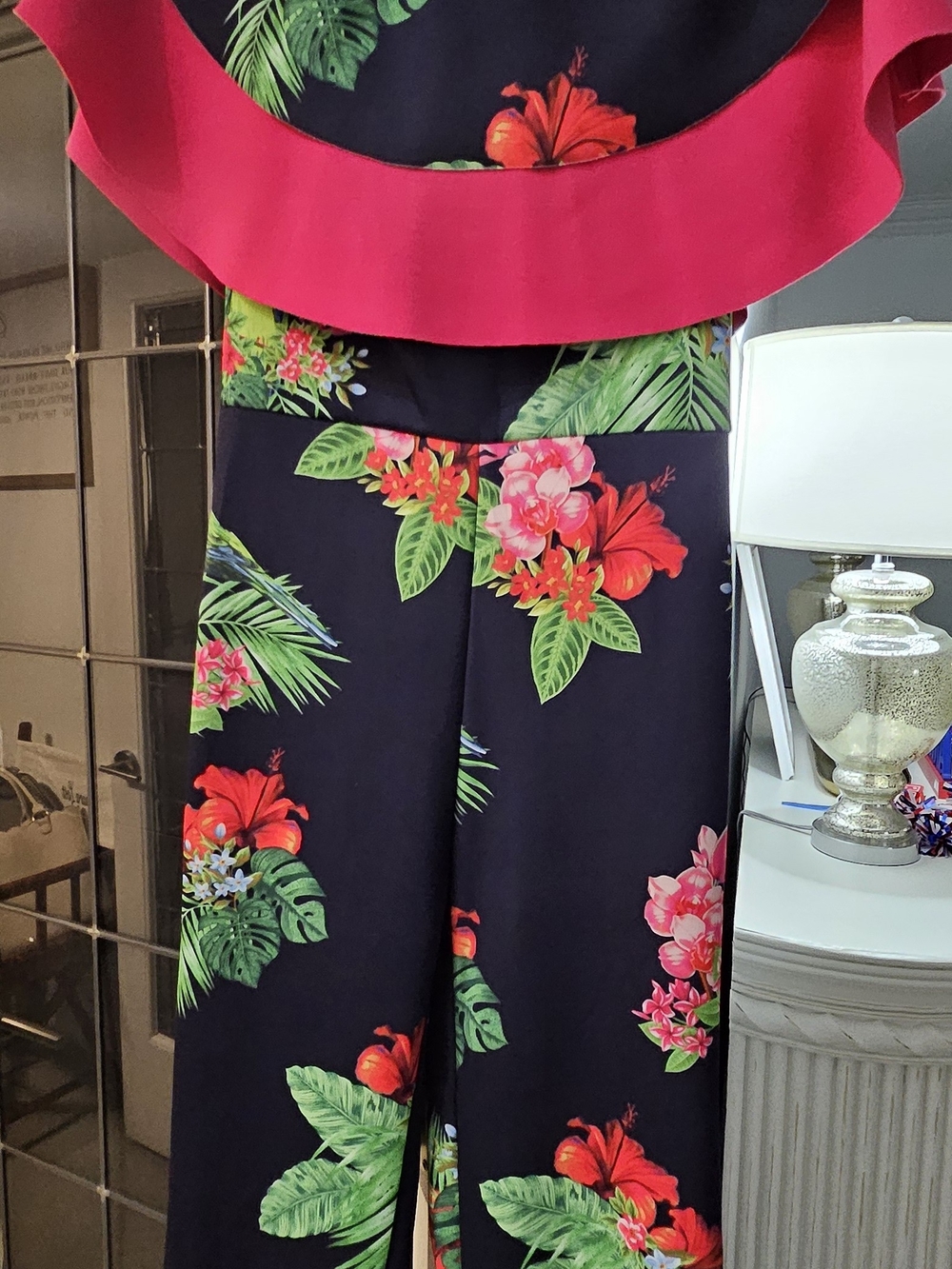 Floral Wide-Leg Jumpsuit with Pink Ruffle Trim